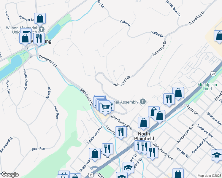 map of restaurants, bars, coffee shops, grocery stores, and more near 332 Johnston Drive in Watchung