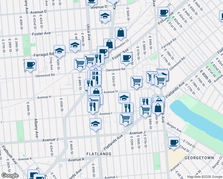 map of restaurants, bars, coffee shops, grocery stores, and more near 1054 East 53rd Street in Brooklyn