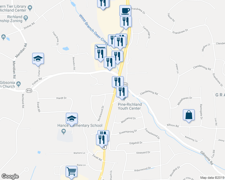 map of restaurants, bars, coffee shops, grocery stores, and more near 602 Westland Drive in Gibsonia
