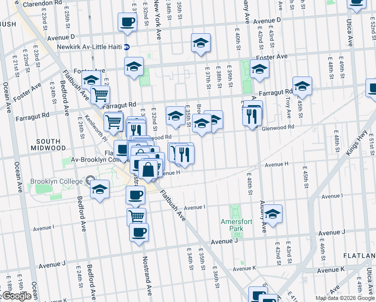 map of restaurants, bars, coffee shops, grocery stores, and more near 867 East 35th Street in Brooklyn