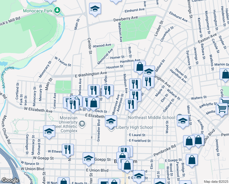 map of restaurants, bars, coffee shops, grocery stores, and more near 1434 Stehr Street in Bethlehem