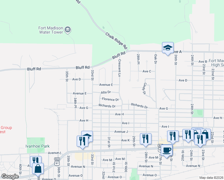 map of restaurants, bars, coffee shops, grocery stores, and more near 41 Alta Dr in Fort Madison