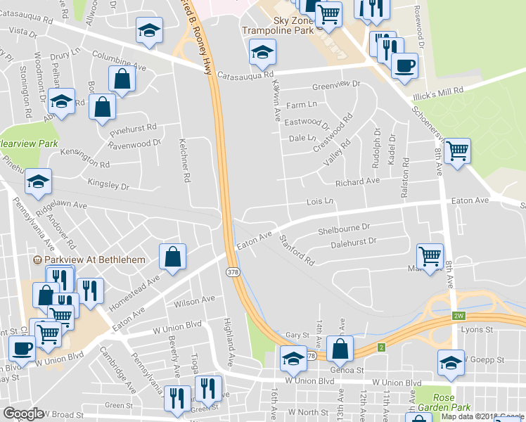 map of restaurants, bars, coffee shops, grocery stores, and more near 1637 Lois Lane in Bethlehem
