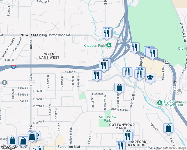 map of restaurants, bars, coffee shops, grocery stores, and more near 2755 Cottonwood Parkway in Cottonwood Heights