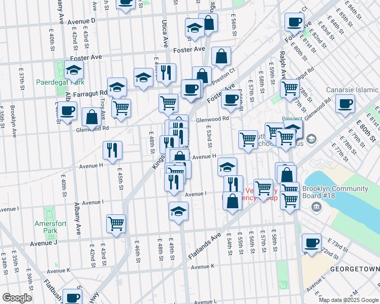 map of restaurants, bars, coffee shops, grocery stores, and more near 1130 East 51st Street in Brooklyn