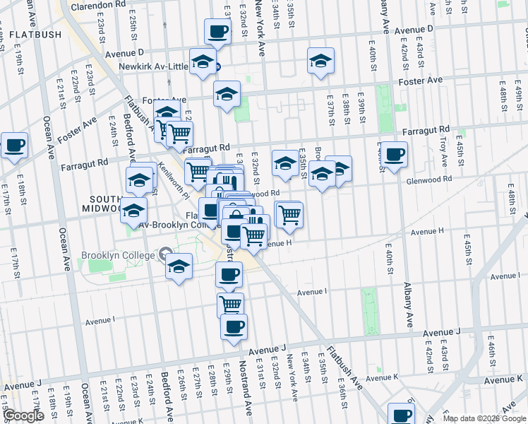 map of restaurants, bars, coffee shops, grocery stores, and more near 729 East 32nd Street in Brooklyn