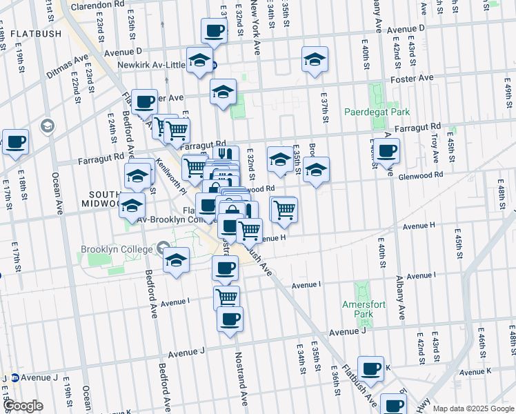 map of restaurants, bars, coffee shops, grocery stores, and more near 729 East 32nd Street in Brooklyn