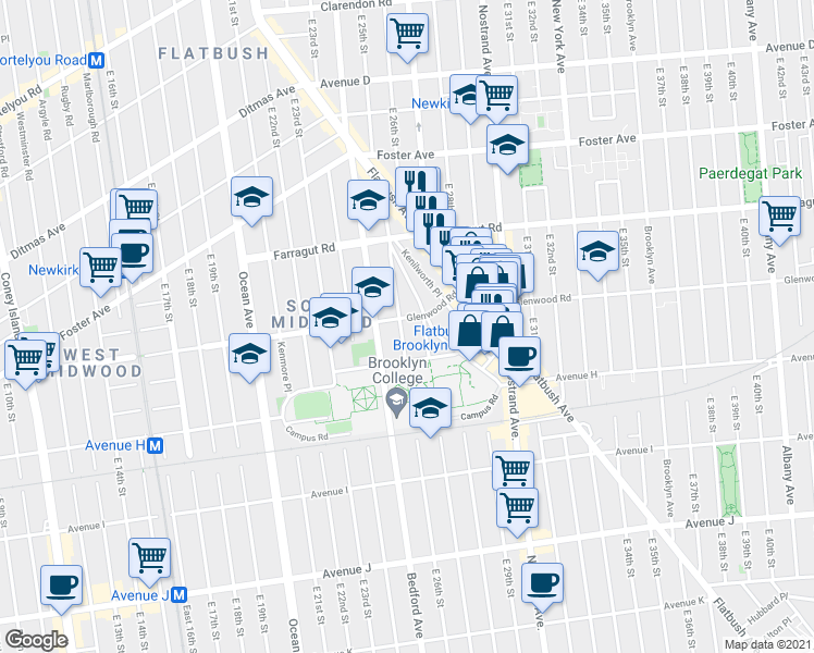 map of restaurants, bars, coffee shops, grocery stores, and more near 2620 Glenwood Road in Brooklyn