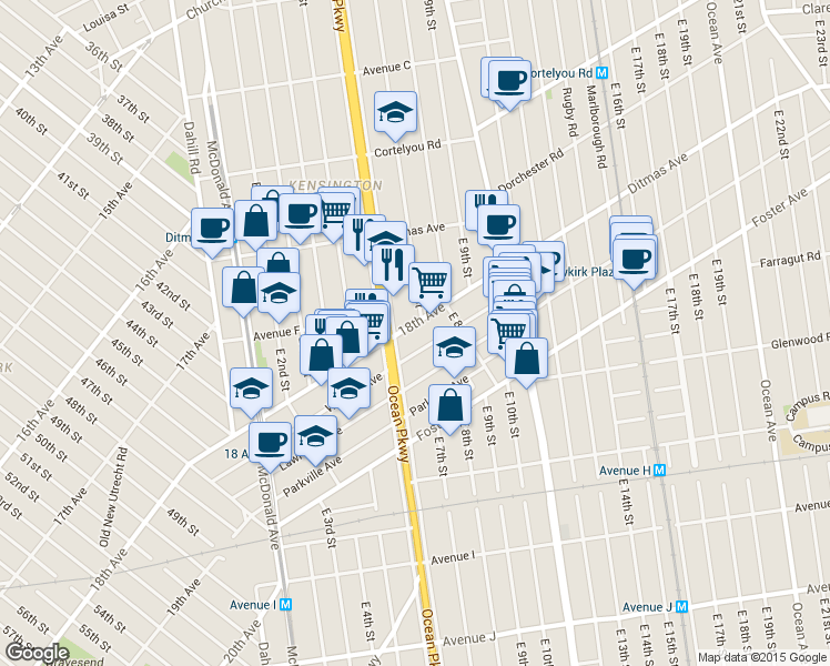 map of restaurants, bars, coffee shops, grocery stores, and more near 3845 18th Avenue in Brooklyn