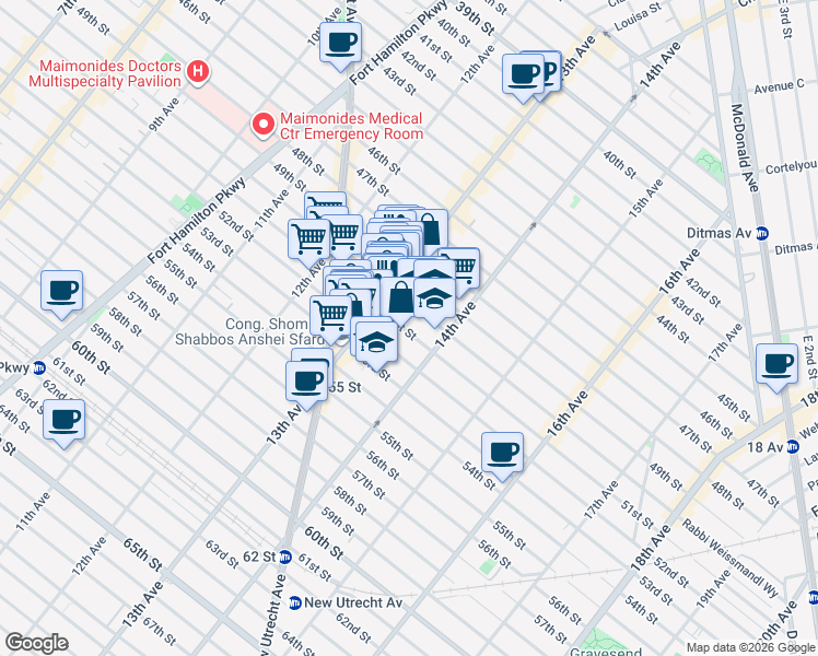 map of restaurants, bars, coffee shops, grocery stores, and more near 1347 51st Street in Brooklyn
