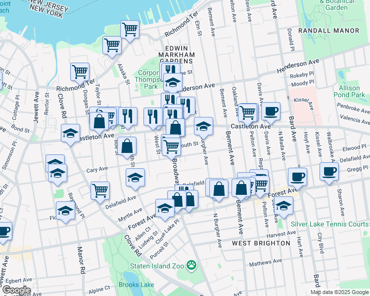 map of restaurants, bars, coffee shops, grocery stores, and more near 59 South Street in Staten Island