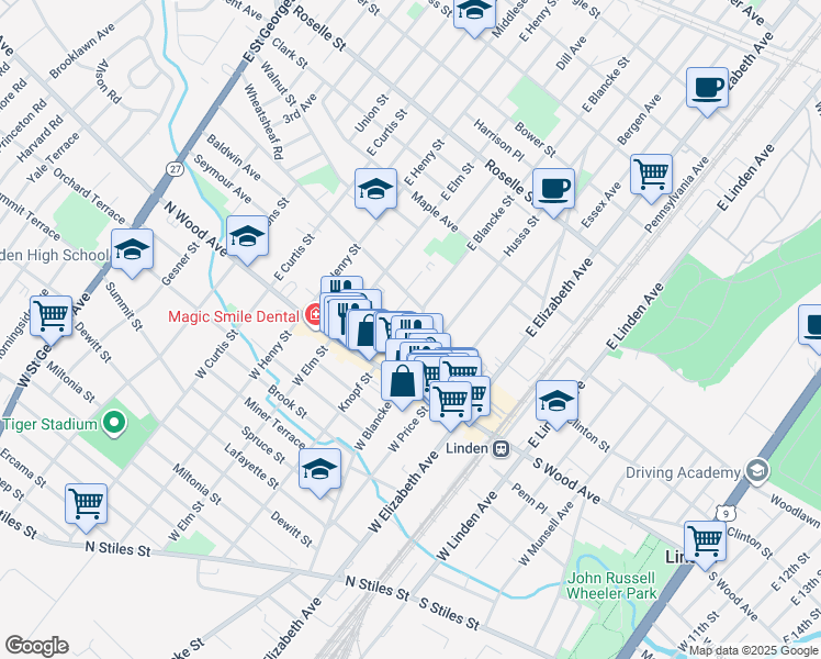 map of restaurants, bars, coffee shops, grocery stores, and more near 101 East Blancke Street in Linden