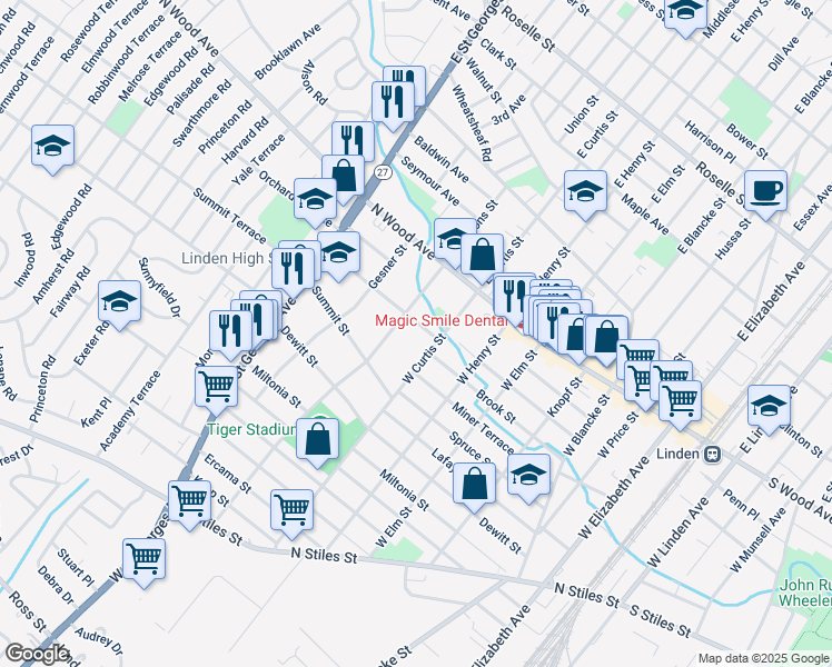 map of restaurants, bars, coffee shops, grocery stores, and more near 717 Ainsworth Street in Linden