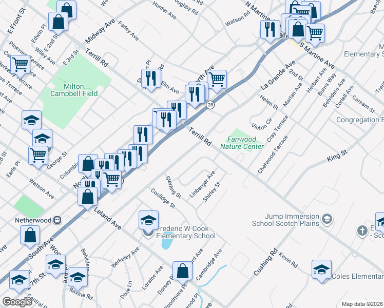 map of restaurants, bars, coffee shops, grocery stores, and more near 1443 East 7th Street in Plainfield