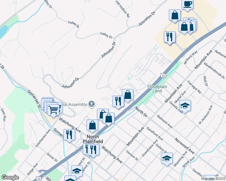 map of restaurants, bars, coffee shops, grocery stores, and more near 22 West Drive in Watchung
