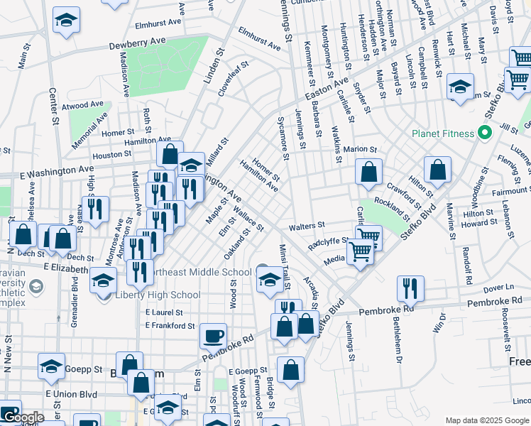 map of restaurants, bars, coffee shops, grocery stores, and more near 621 East Washington Avenue in Bethlehem