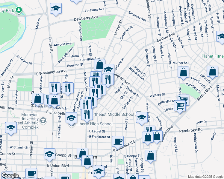 map of restaurants, bars, coffee shops, grocery stores, and more near 1522 Easton Avenue in Bethlehem