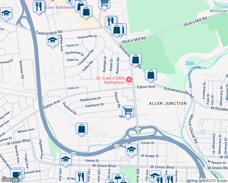 map of restaurants, bars, coffee shops, grocery stores, and more near 1210 Eaton Avenue in Bethlehem