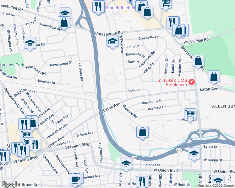 map of restaurants, bars, coffee shops, grocery stores, and more near 1637 Lois Lane in Bethlehem