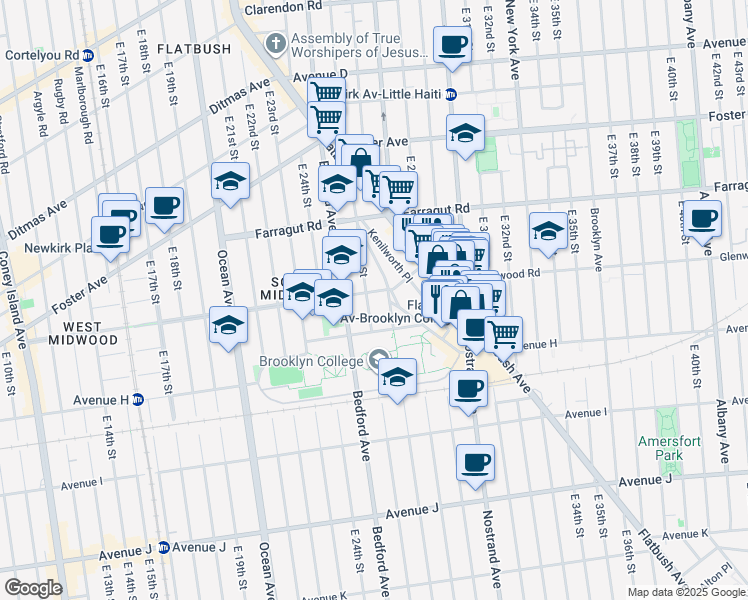 map of restaurants, bars, coffee shops, grocery stores, and more near 2610 Glenwood Road in Brooklyn