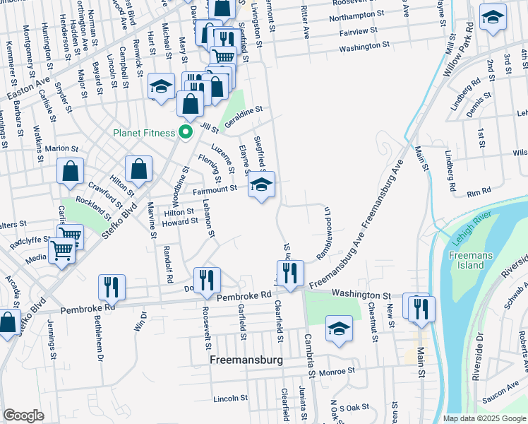 map of restaurants, bars, coffee shops, grocery stores, and more near 1419 Livingston Street in Bethlehem