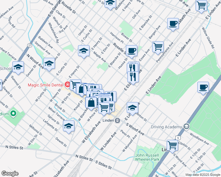 map of restaurants, bars, coffee shops, grocery stores, and more near 225 East Price Street in Linden