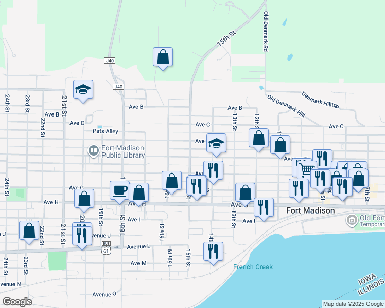 map of restaurants, bars, coffee shops, grocery stores, and more near 448 15th Street in Fort Madison
