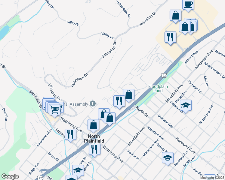 map of restaurants, bars, coffee shops, grocery stores, and more near 22 West Drive in Watchung