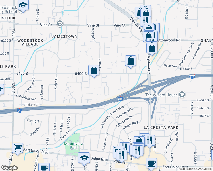map of restaurants, bars, coffee shops, grocery stores, and more near 6415 Tanner Lane in Murray