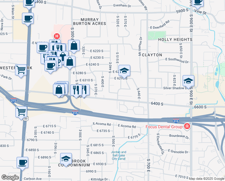 map of restaurants, bars, coffee shops, grocery stores, and more near 463 East 6360 South in Murray