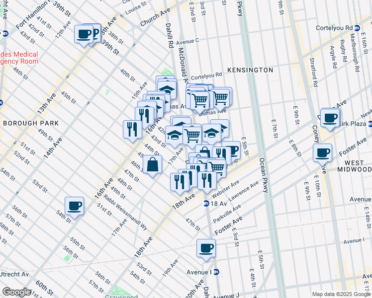 map of restaurants, bars, coffee shops, grocery stores, and more near Dahill Rd & 42nd St in Brooklyn