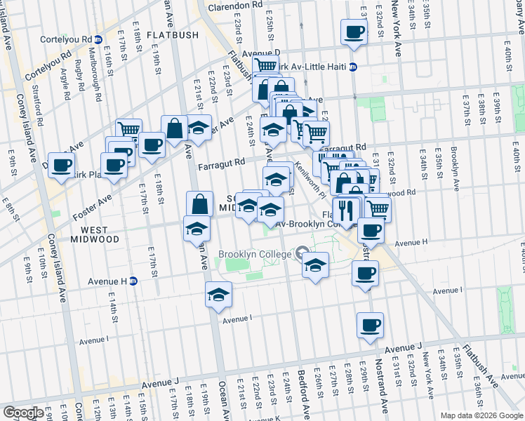 map of restaurants, bars, coffee shops, grocery stores, and more near Glenwood Road & East 24th Street in Brooklyn