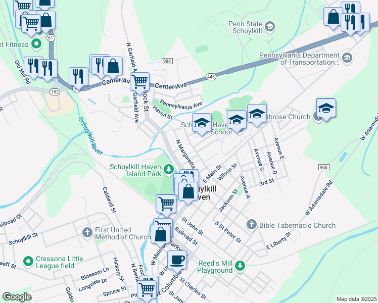 map of restaurants, bars, coffee shops, grocery stores, and more near 113 Haven Street in Schuylkill Haven