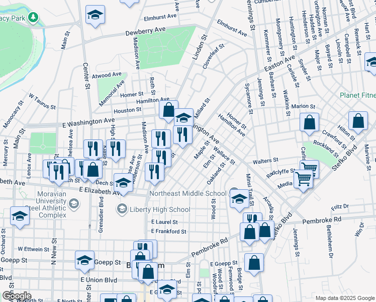 map of restaurants, bars, coffee shops, grocery stores, and more near 1522 Easton Avenue in Bethlehem