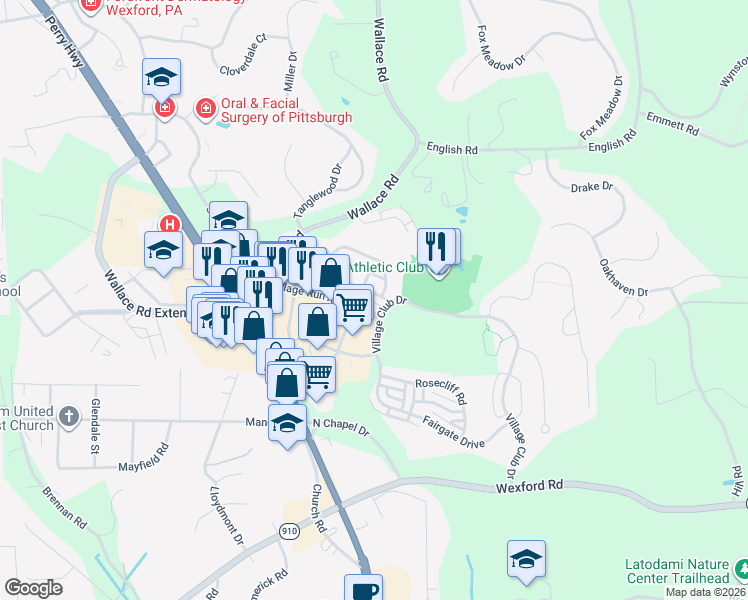 map of restaurants, bars, coffee shops, grocery stores, and more near 608 Garden Way in Wexford