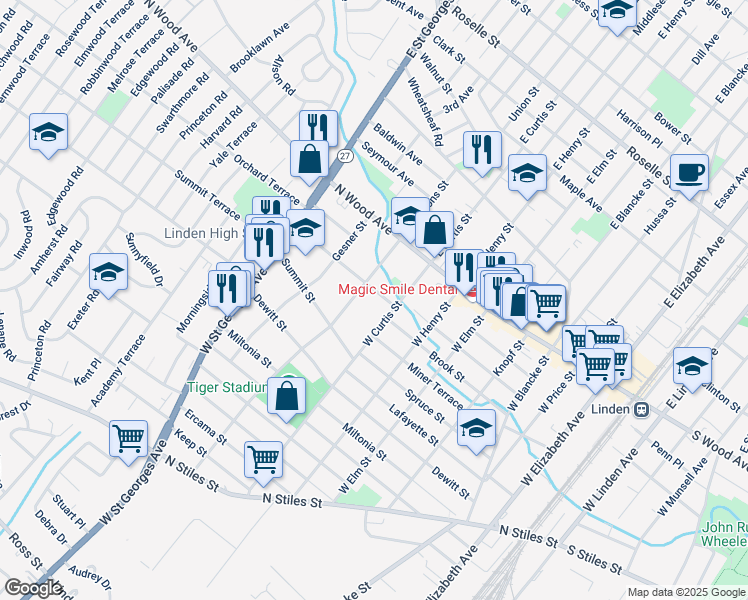 map of restaurants, bars, coffee shops, grocery stores, and more near 717 Ainsworth Street in Linden