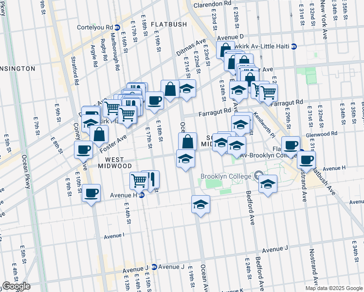 map of restaurants, bars, coffee shops, grocery stores, and more near 1192 Ocean Avenue in Brooklyn