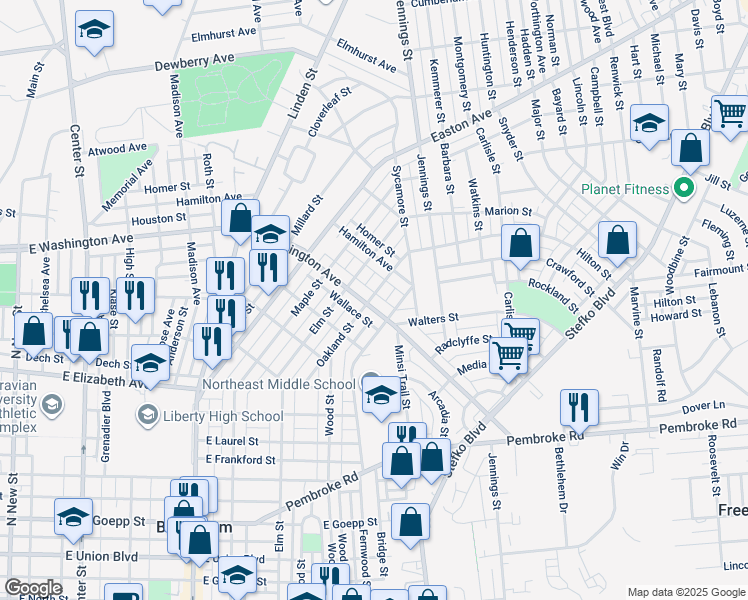 map of restaurants, bars, coffee shops, grocery stores, and more near 621 East Washington Avenue in Bethlehem