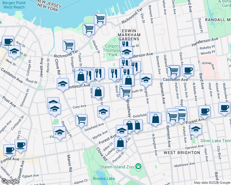 map of restaurants, bars, coffee shops, grocery stores, and more near 25 West Street in Staten Island