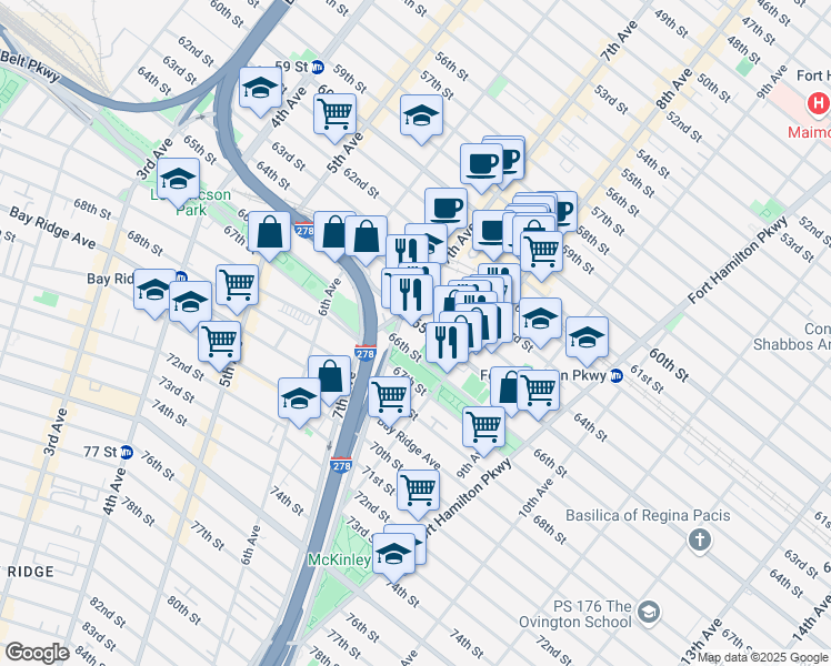 map of restaurants, bars, coffee shops, grocery stores, and more near 714 65th Street in Brooklyn