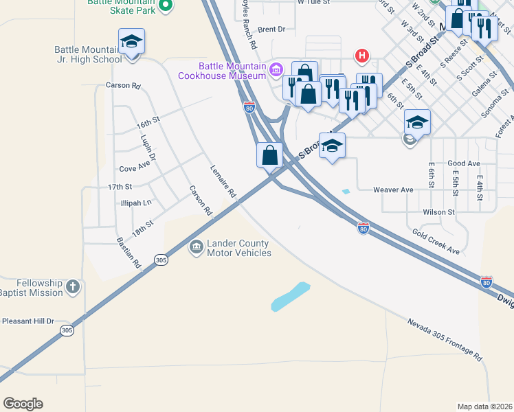 map of restaurants, bars, coffee shops, grocery stores, and more near 105 Old 8A in Battle Mountain