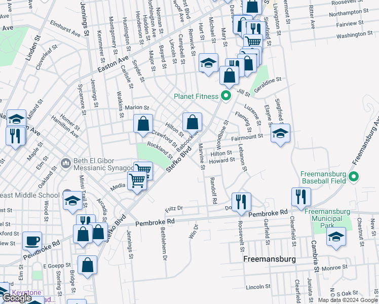 map of restaurants, bars, coffee shops, grocery stores, and more near 1438 Stefko Boulevard in Bethlehem