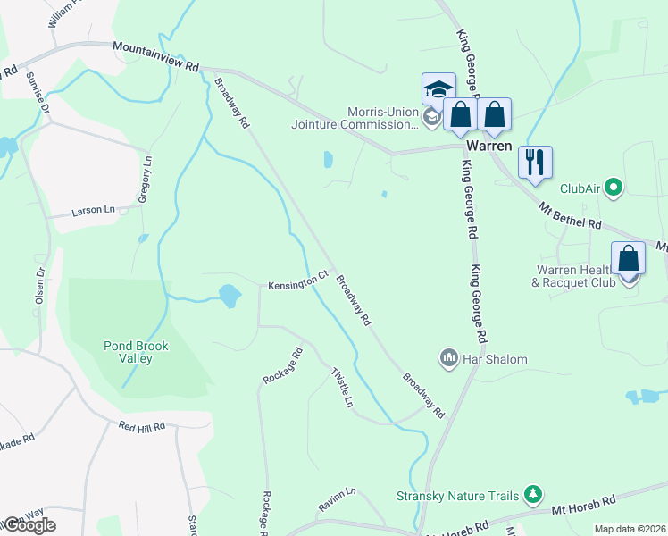 map of restaurants, bars, coffee shops, grocery stores, and more near 30 Broadway Road in Warren