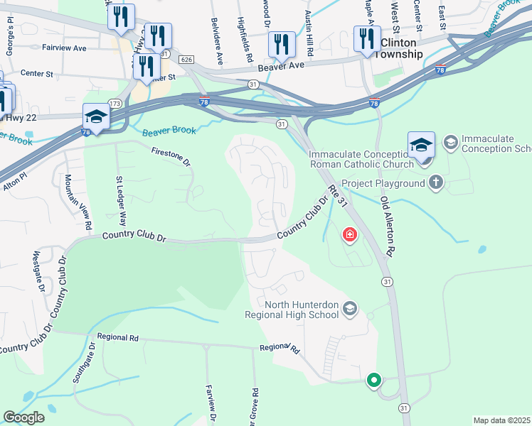 map of restaurants, bars, coffee shops, grocery stores, and more near 41 Inverrary Place in Hunterdon County
