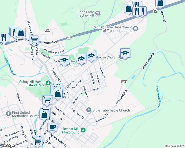 map of restaurants, bars, coffee shops, grocery stores, and more near 57 Avenue C in Schuylkill Haven