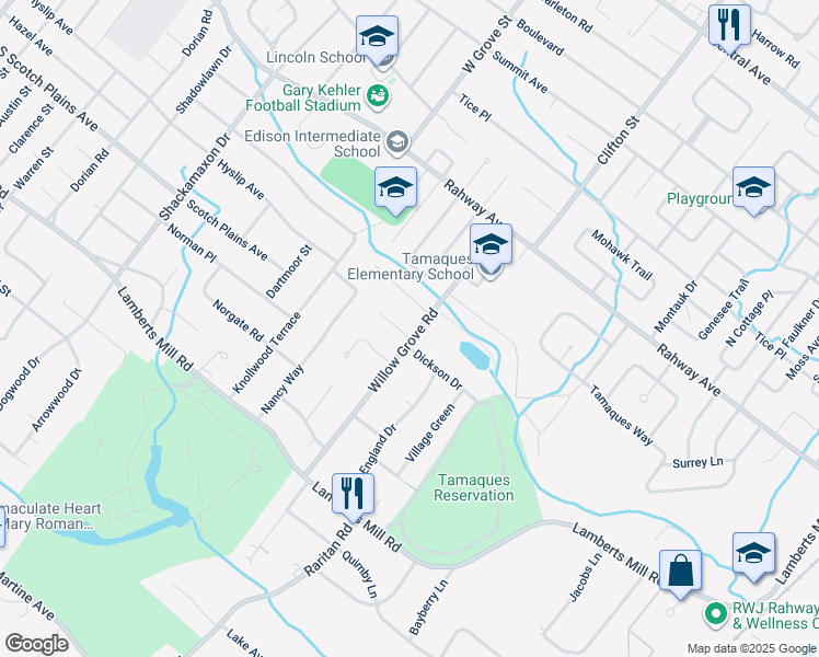 map of restaurants, bars, coffee shops, grocery stores, and more near 3 Rutgers Court in Westfield