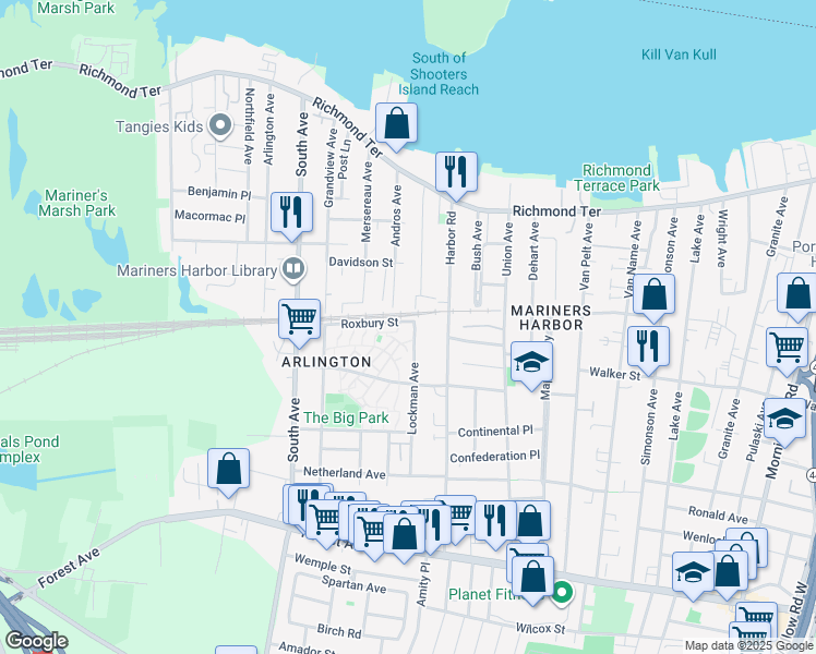 map of restaurants, bars, coffee shops, grocery stores, and more near 6 Roxbury Street in Staten Island