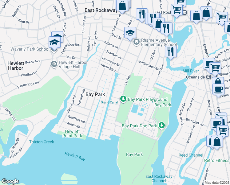 map of restaurants, bars, coffee shops, grocery stores, and more near 2A Martin Street East in East Rockaway