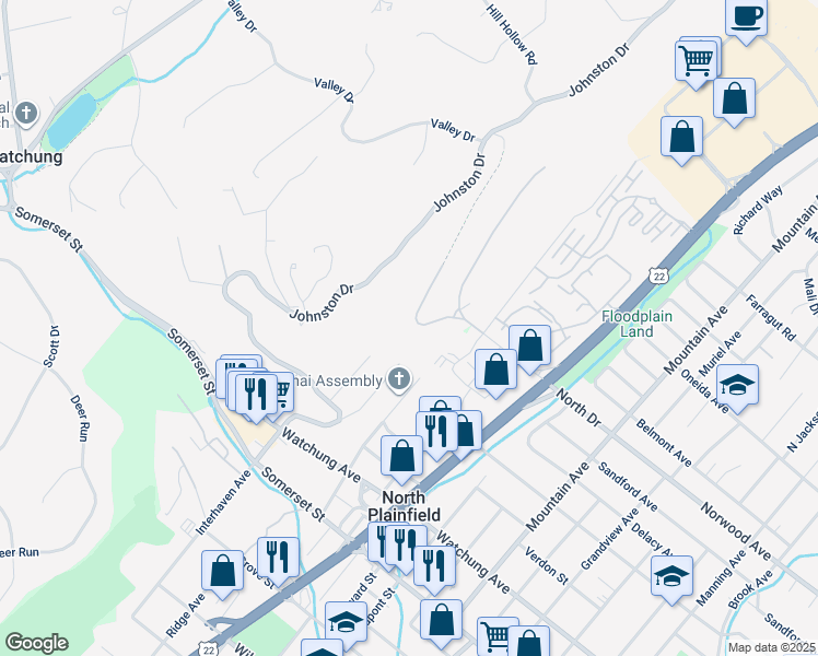 map of restaurants, bars, coffee shops, grocery stores, and more near 35 Mountain Drive in Watchung