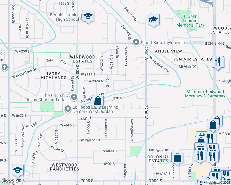map of restaurants, bars, coffee shops, grocery stores, and more near 2413 South Ledgewood Drive in West Jordan